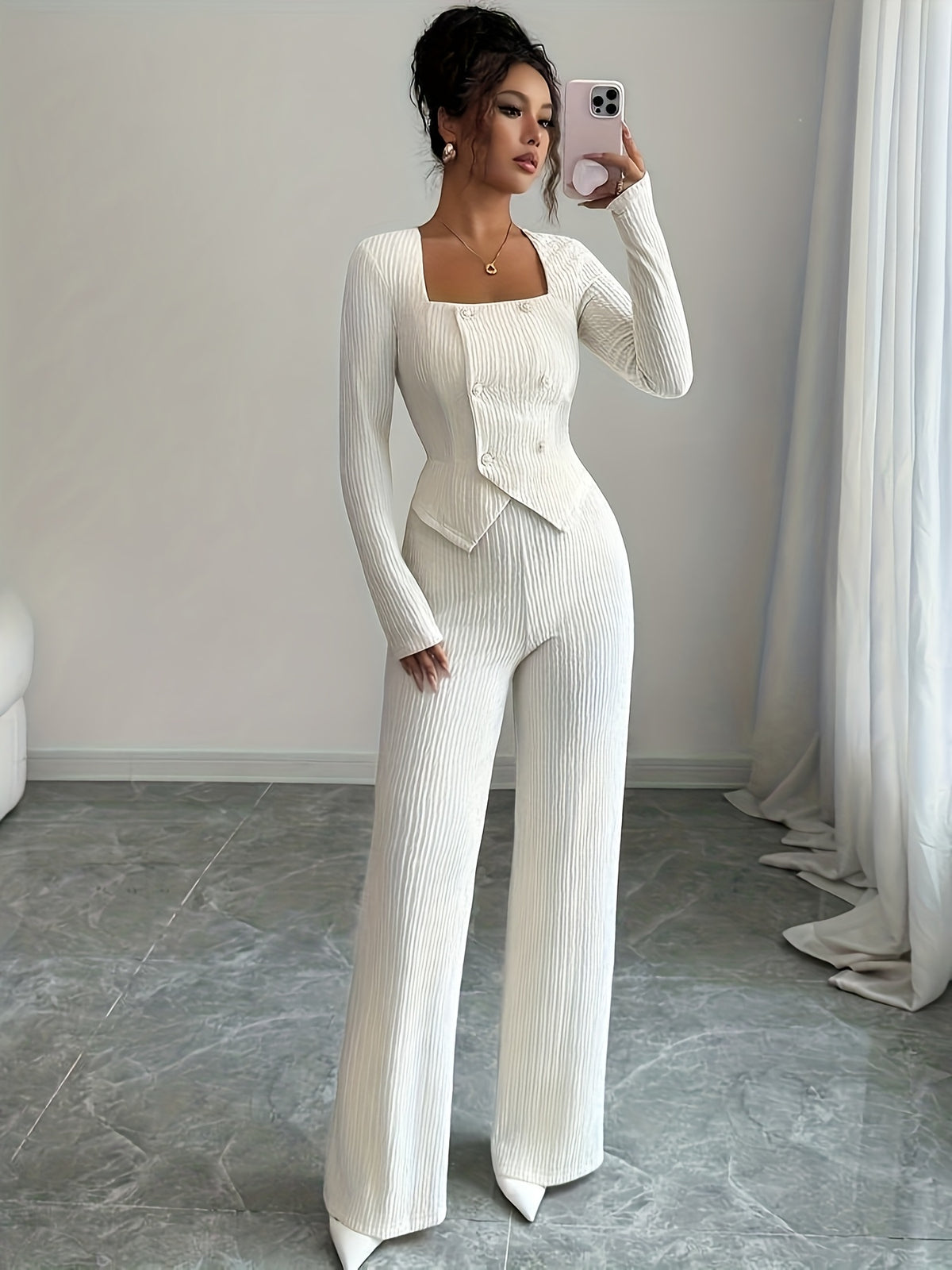 Women's Autumn/Winter Solid Color Square Neck Long Sleeve Slim Fit Top and Loose Pants Simple Elegant Set, Two-Piece