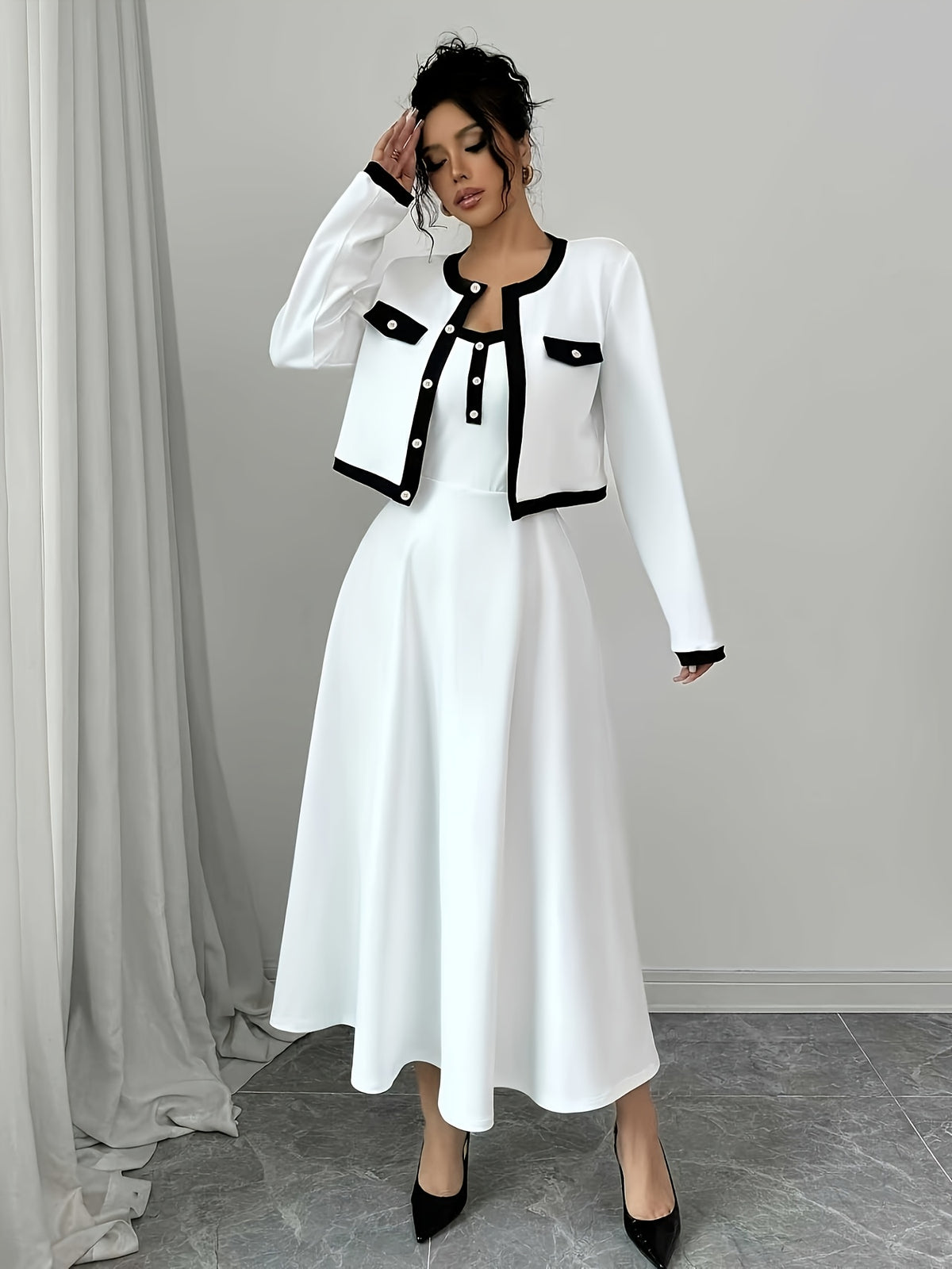 This Elegant White Midi Dress Set for Women Features Contrasting Trims, Is Versatile And Stylish. Made of Soft, Stretchy Fabric, It'S Perfect for Casual Outings Or Date Nights. Pair It with High Heels for a Stylish Look