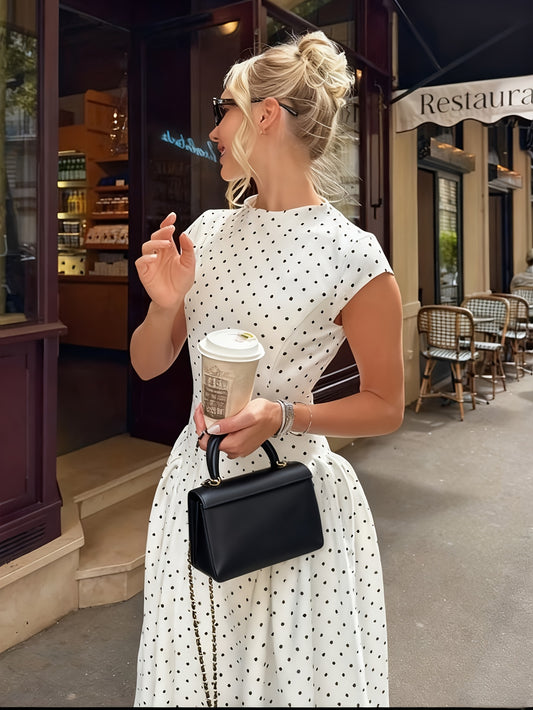 Women's New Polka Dot Long Dress with Round Neck, Waist-Cinching, Street Style, Instagram-Inspired
