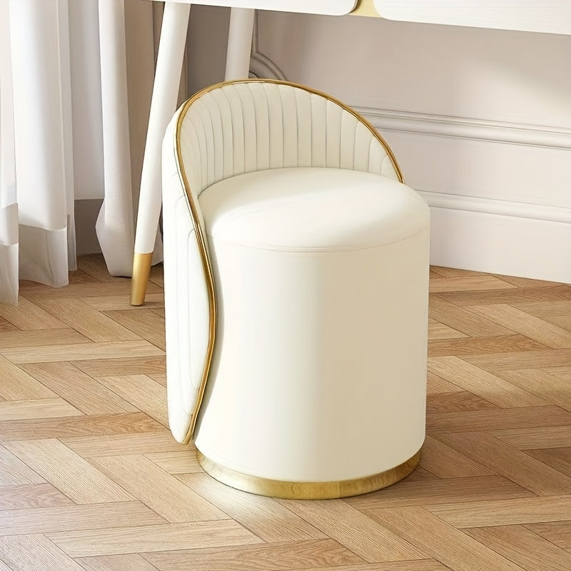 Luxurious Lightweight Vanity Stool with Golden Accents - Elegant White and Beige Upholstered, Round, Swivel Stool with High Backrest for Beauty and Nail Salons, Modern Home Decor, Beauty Stool|Elegant Stool Design|Wooden Base Stool