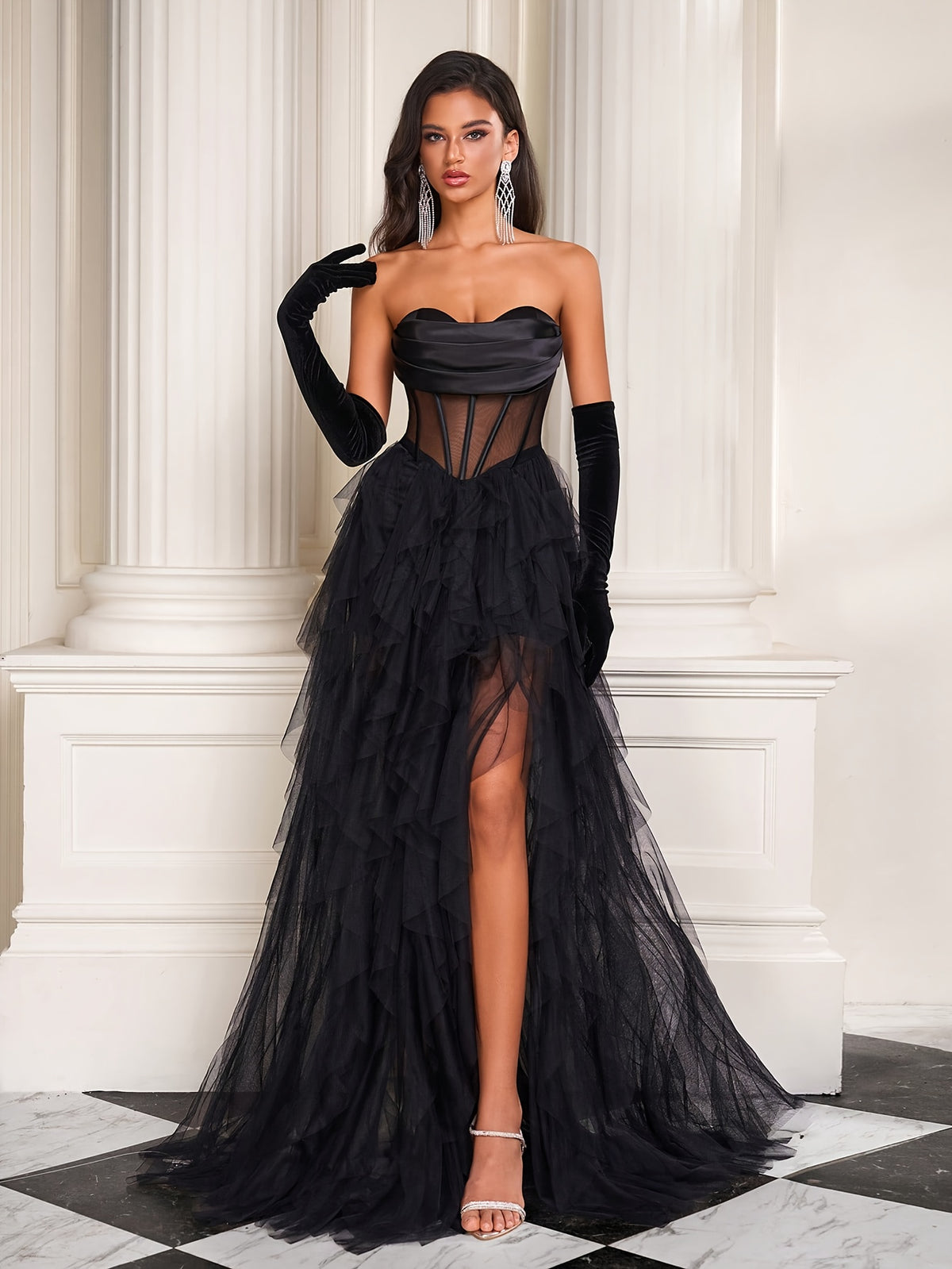 French-Style Fishbone Mesh Light Gown for Birthday Party Cake Princess Dress, Sexy Charming Strapless Evening Gown, No Gloves