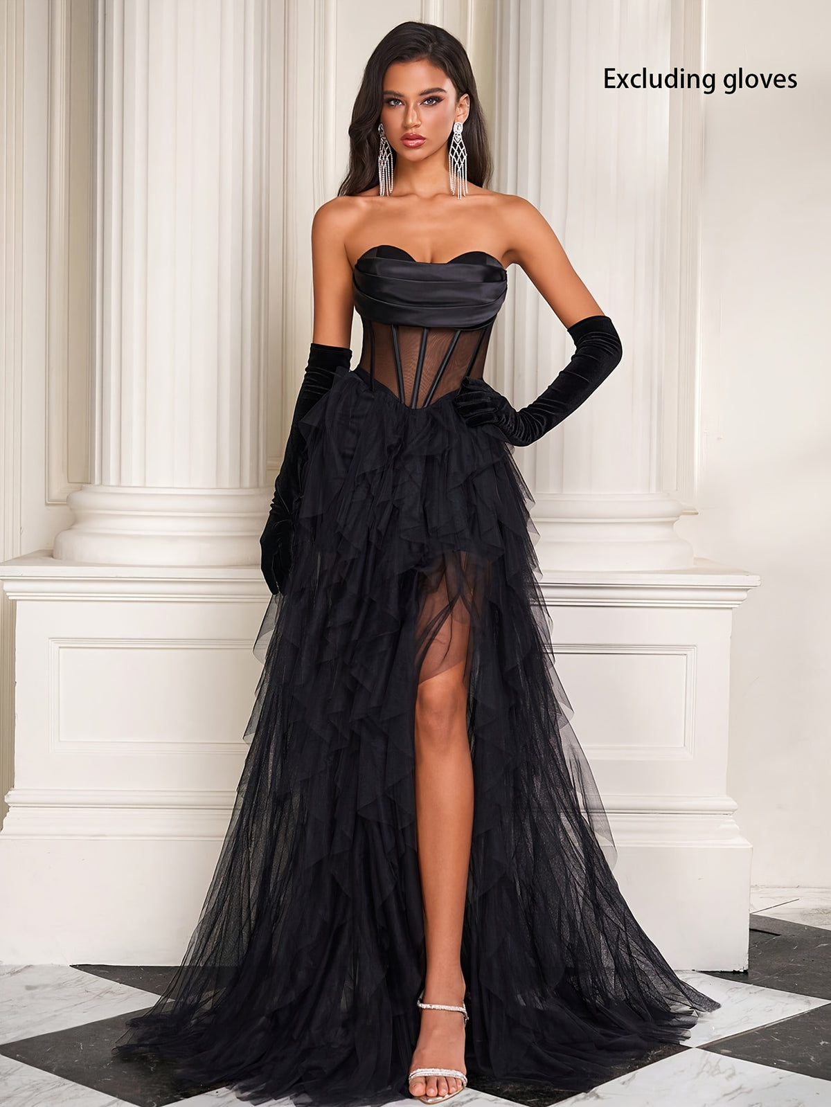French-Style Fishbone Mesh Light Gown for Birthday Party Cake Princess Dress, Sexy Charming Strapless Evening Gown, No Gloves