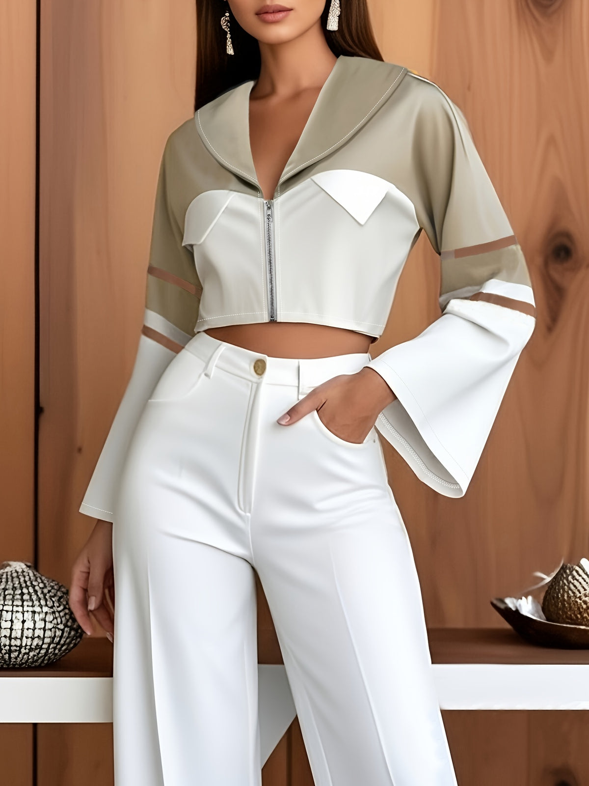 Women'S Color-Blocked Short Jacket with a Stylish Collar And Zipper Design