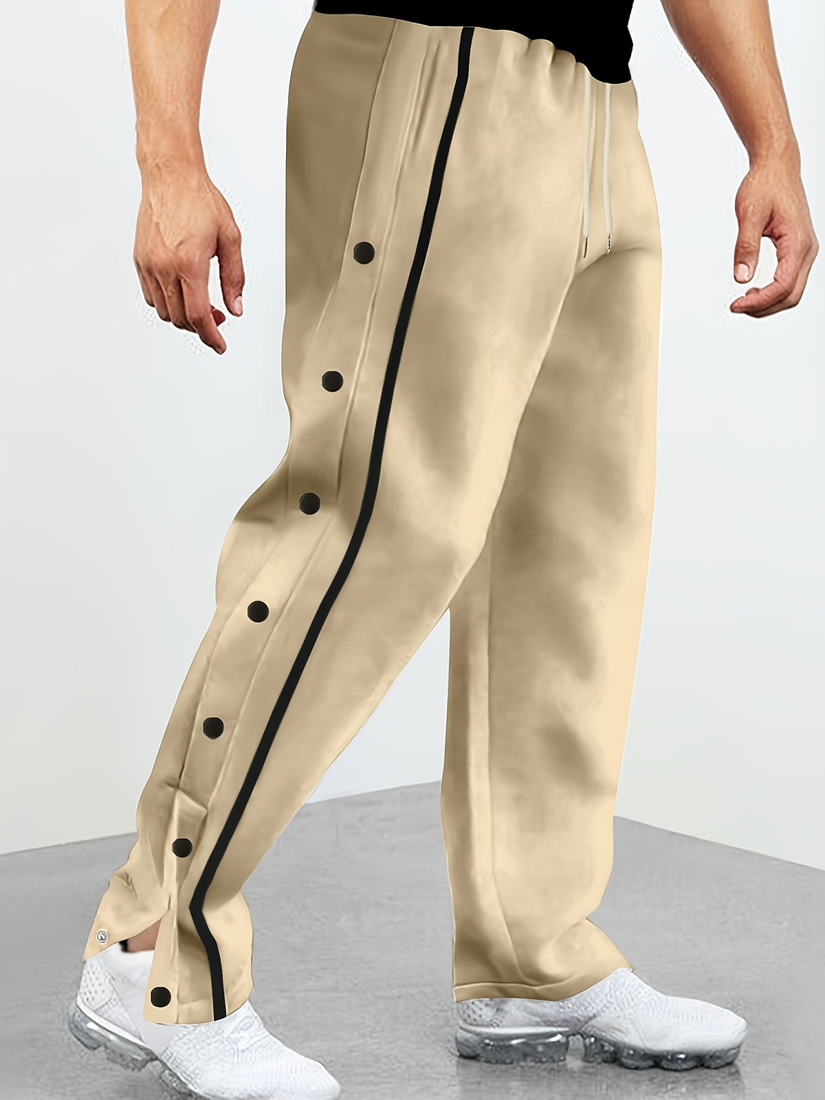 Men's -Lined Casual Pants for Autumn and Winter, Color-Blocked Striped Straight-Leg Trousers with Button Placket