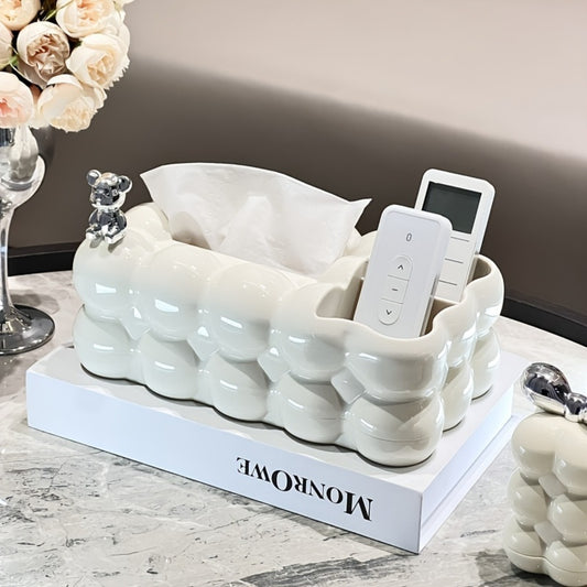 1pc Luxury Bear-Shaped Tissue Box with Spring Dispenser, Multi-Function Plastic Remote Control Holder for Living Room & Dining Table - Rectangle Design