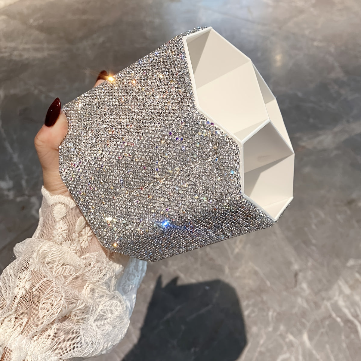 1pc Glam Style Rotating Cosmetic Organizer Box, Sparkling Rhinestone Embellished, Durable Plastic Makeup Storage with Multiple Compartments for Vanity, Baskets, Bins & Containers for Home Organization