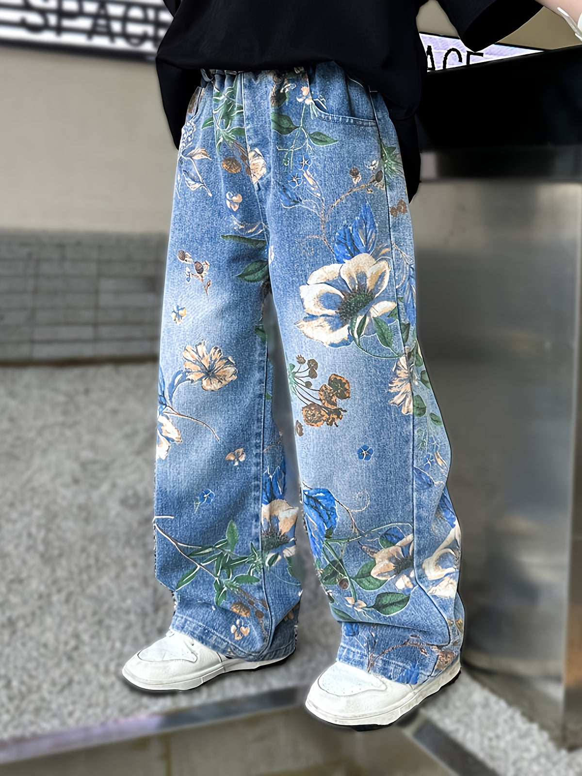Boys' Y2K Style Straight-Leg Faux Denim with Floral Print - Elastic Waist, Loose Fit, All-Season Casual Pants for School, Outdoor & Cycling, Durable Polyester, Mid-Rise, Perfect for Students & Youngsters, Outdoor Faux Denim | Y2K Fashion | Durable Faux D