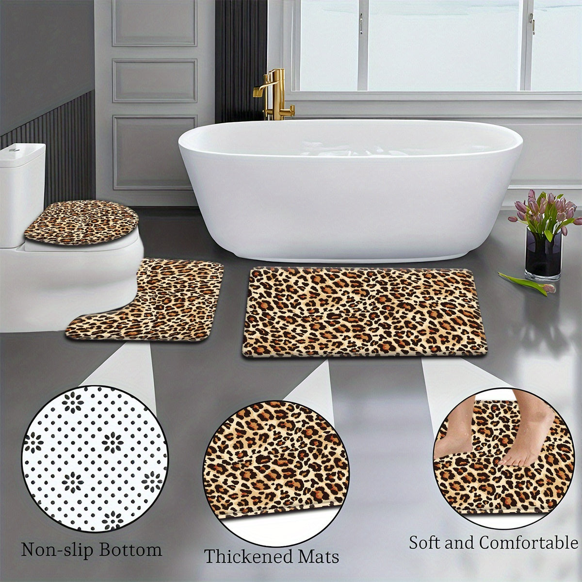 2pcs/3pcs Simple Brown Leopard Pattern Bathroom Mat Set, Strong Absorbency, Includes U-Shaped Toilet Mat Suitable for Kitchen Bathroom Decor Bathroom Door Mat, Bathroom Rug Mat, Bedroom Rug, Floor Mat Outdoor Entrance, Kitchen Area Rug, Carpet Laundry Ro