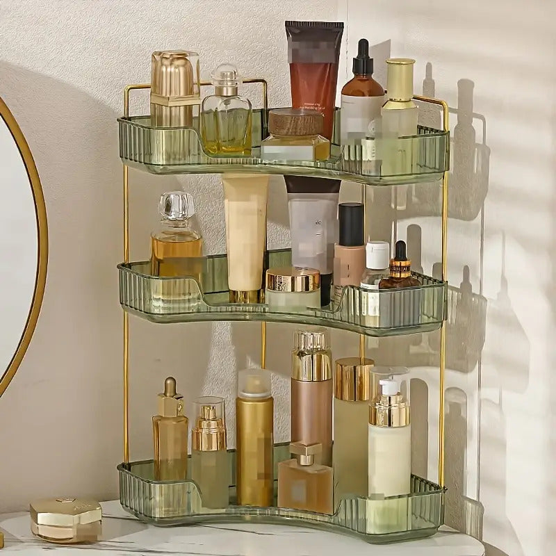 3-Tier Corner Storage Rack - 360° Rotating Space-Saving Organizer for Lipstick, Skincare & Makeup | Durable Plastic Freestanding Shelf with Polished Finish | Ideal for Bathroom, Dressing Table, Kitchen | No Assembly Required, Makeup Vanity Desk, Sleek De