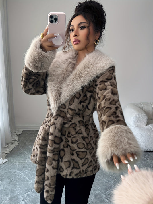 Women'S Elegant Leopard Print Faux Fur Coat - Warm Winter Jacket with Pockets, Adjustable Waist Tie, Casual Chic Outerwear for Fall & Winter, Cozy Faux Fur Jacket, Winter Coat For Women, Winter Jacket For Women, Winter Coat Women