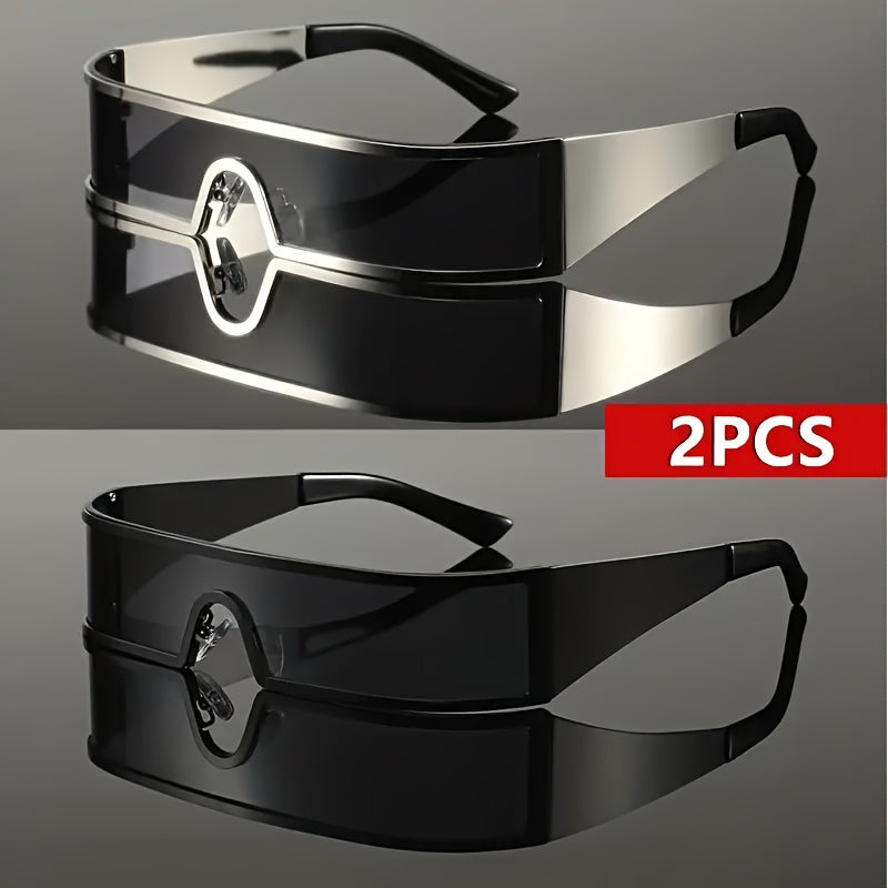 2pcs New Women's Metal Y2K Wrap-around Frame Glasses, Cyberpunk Style Couple Future Fashion Eyewear and Holiday Accessories, Couple Matching Accessories, Fashion Accessory, Metal Frame Eyewear, Decorative Glasses, Geometric Frames, Metal Construction, Ha