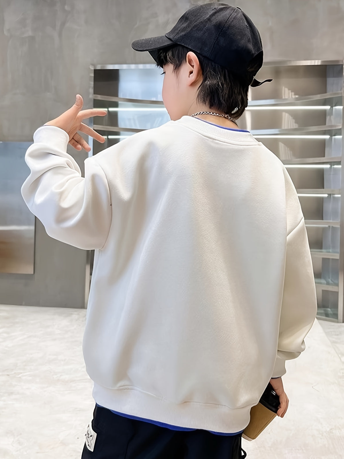 Boys' Trendy Round Neck Sweatshirt with Faux Two-Piece Design, Embroidered Craftsmanship, Stylish Regular Fit Top