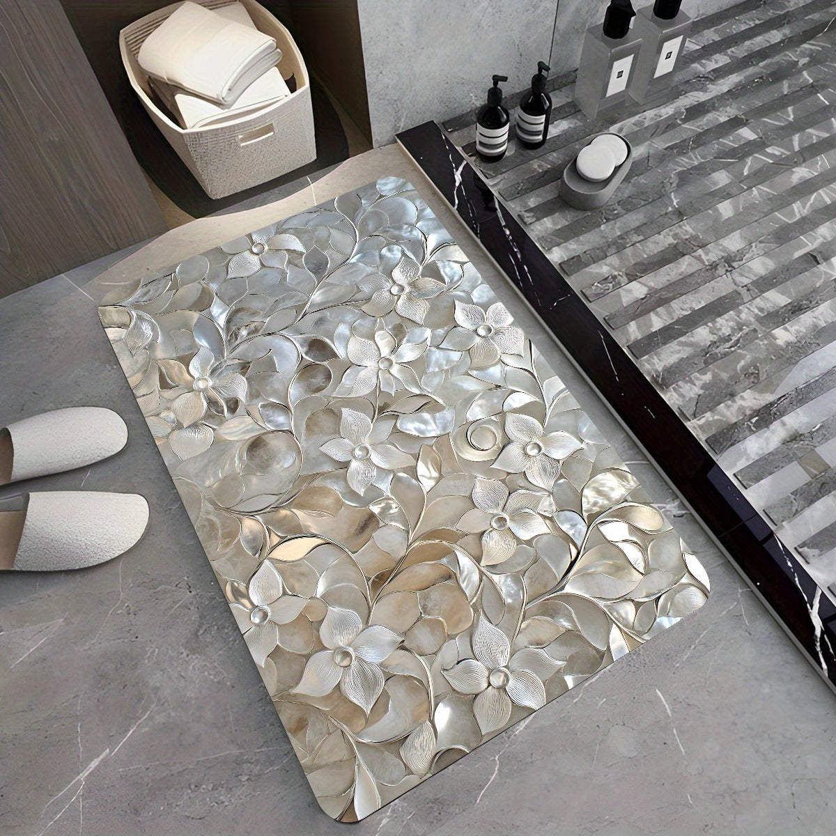 1pc - Luxurious Silvery Metal Flower Decorative Diatomite Bath Mat, Non-Slip, Quick-Dry Rug, Suitable for Entryway, Bathroom, Kitchen, Living Room, Coffee Shop, Bar, Garden, Ideal Gift, Personal Care Essential