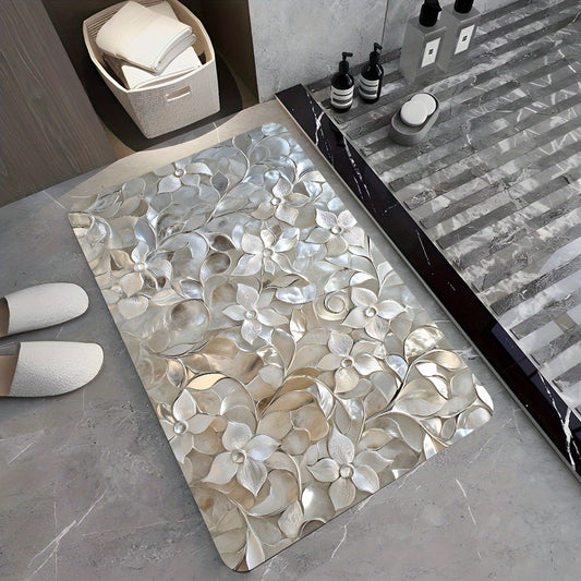 1pc - Luxurious Silvery Metal Flower Decorative Diatomite Bath Mat, Non-Slip, Quick-Dry Rug, Suitable for Entryway, Bathroom, Kitchen, Living Room, Coffee Shop, Bar, Garden, Ideal Gift, Personal Care Essential