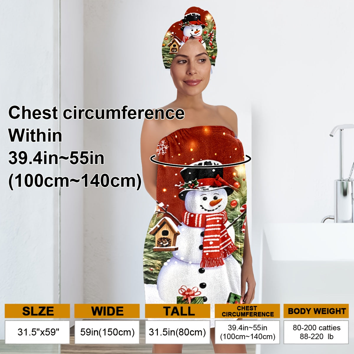 2pcs Women's Christmas Snowman & Snowflake Bathrobe Set with Adjustable Hat - Red & White Winter Print Microfiber Bath Skirt for Spa, Shower, Beach | Cozy Holiday Bathroom Outfit with Pom-Pom Trim & Snowman Face Design