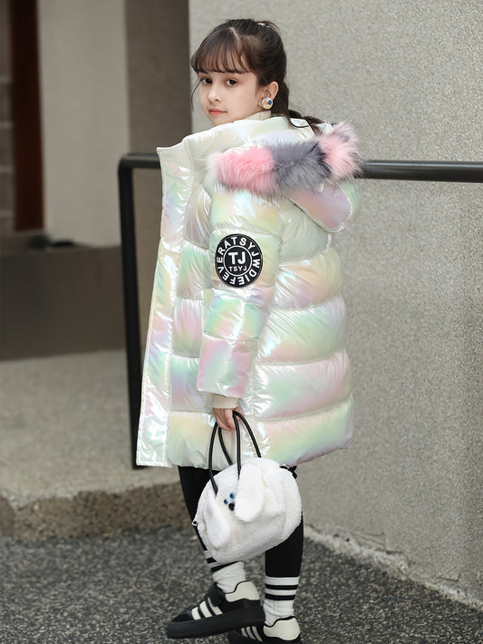 Girls' Long Coat, Ombre Hooded Winter Jacket, Casual Skinny Fit with Pockets, Medium Stretch Polyester 100%, Fall/Winter Fashion, Zipper Placket, Flared Hem, No Belt - Cozy Warm Coat, Thick
