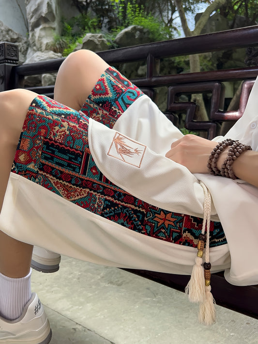 Men's /Mediterranean Style Short Pants - Ethnic /Egyptian/Indian Motifs with Multicolor Paisley, Loose-Fit Knee-Length Casual Trousers, Hand Washable Cultural Dress for Festivals & Daily Wear