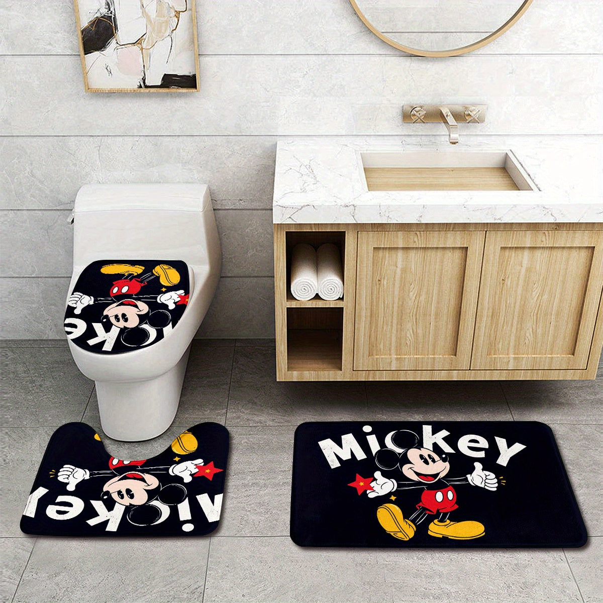 3pcs Disney Mickey Print Bathroom Mat Set, Three-Piece Bath Mat Set Rug Set, Bathroom Floor Mat, Toilet Lid Mat, Toilet U-Shaped Mat, Floor Rug, Christmas Decoration, Birthday Gift, Anniversary, Disney Fan Gift