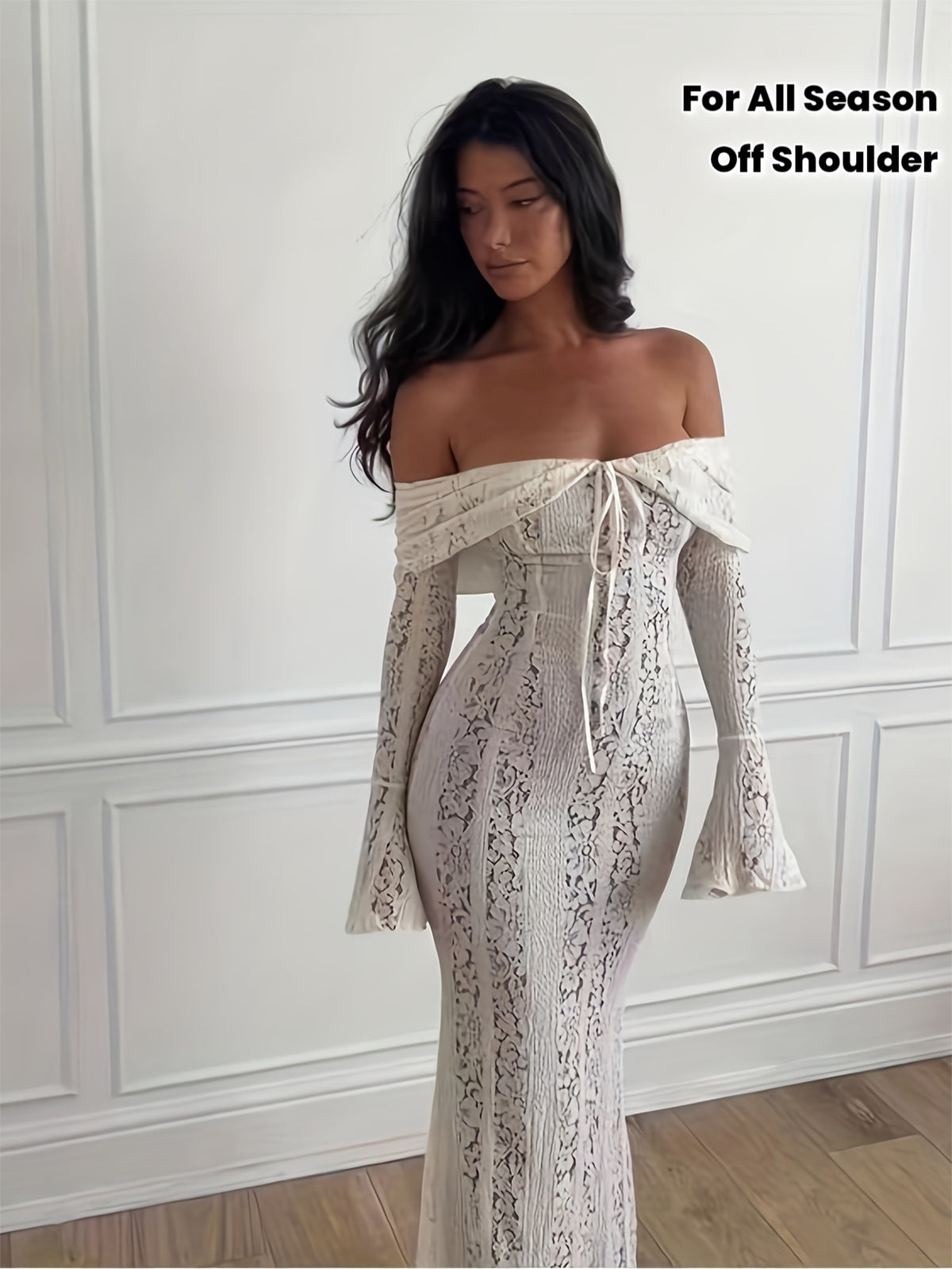 Women'S Elegant Off-Shoulder/One-Shoulder Mermaid/Trumpet Dress with Lace-like Sleeve & Back - Long Formal Evening Gown, A-Line Silhouette, All-Season Party Wedding Guest