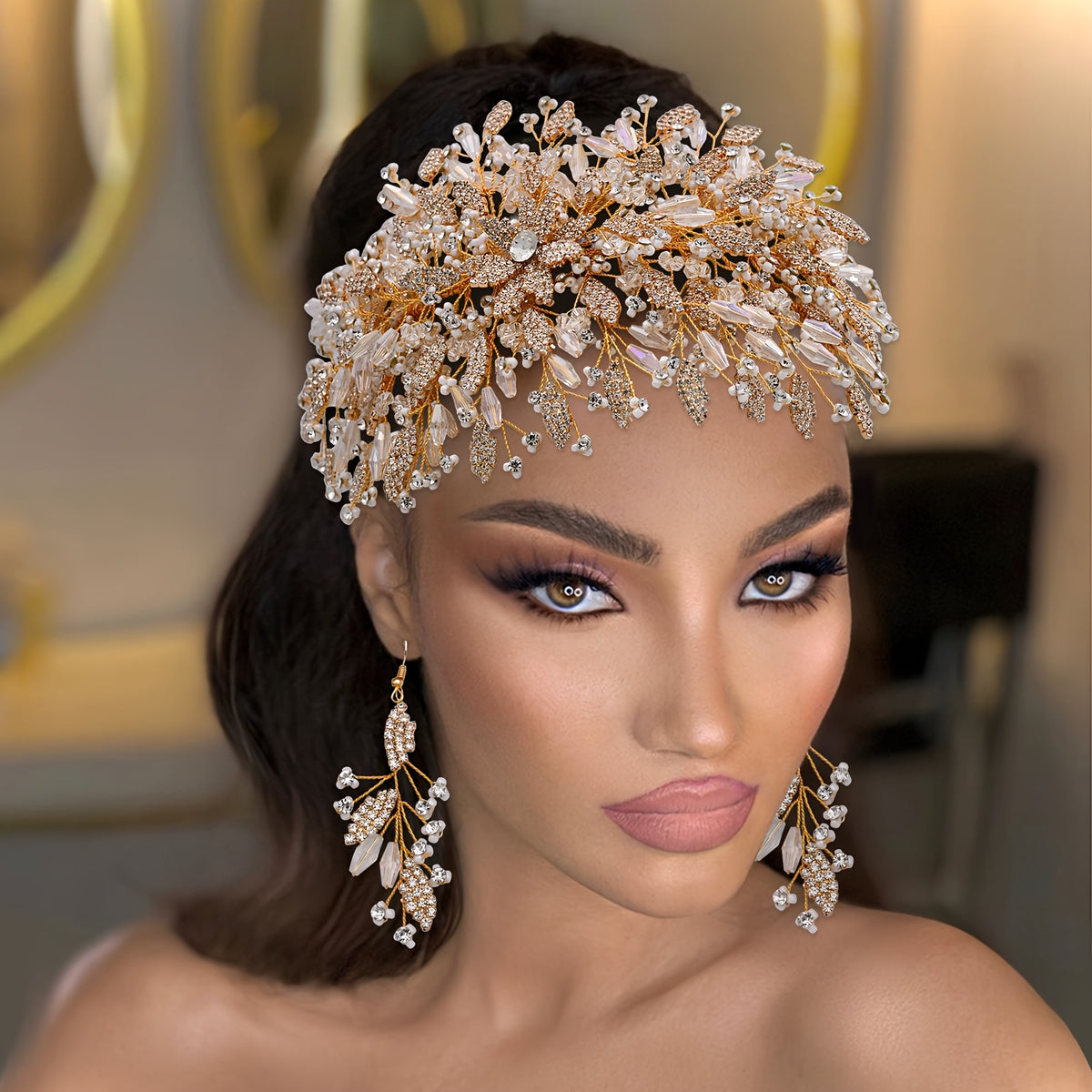 1pc Elegant Polyresin Bridal Hairpiece, Handcrafted Beaded Crystal Leaf Design, Sweet Style Solid Color Wedding Party Hair Accessory for Women