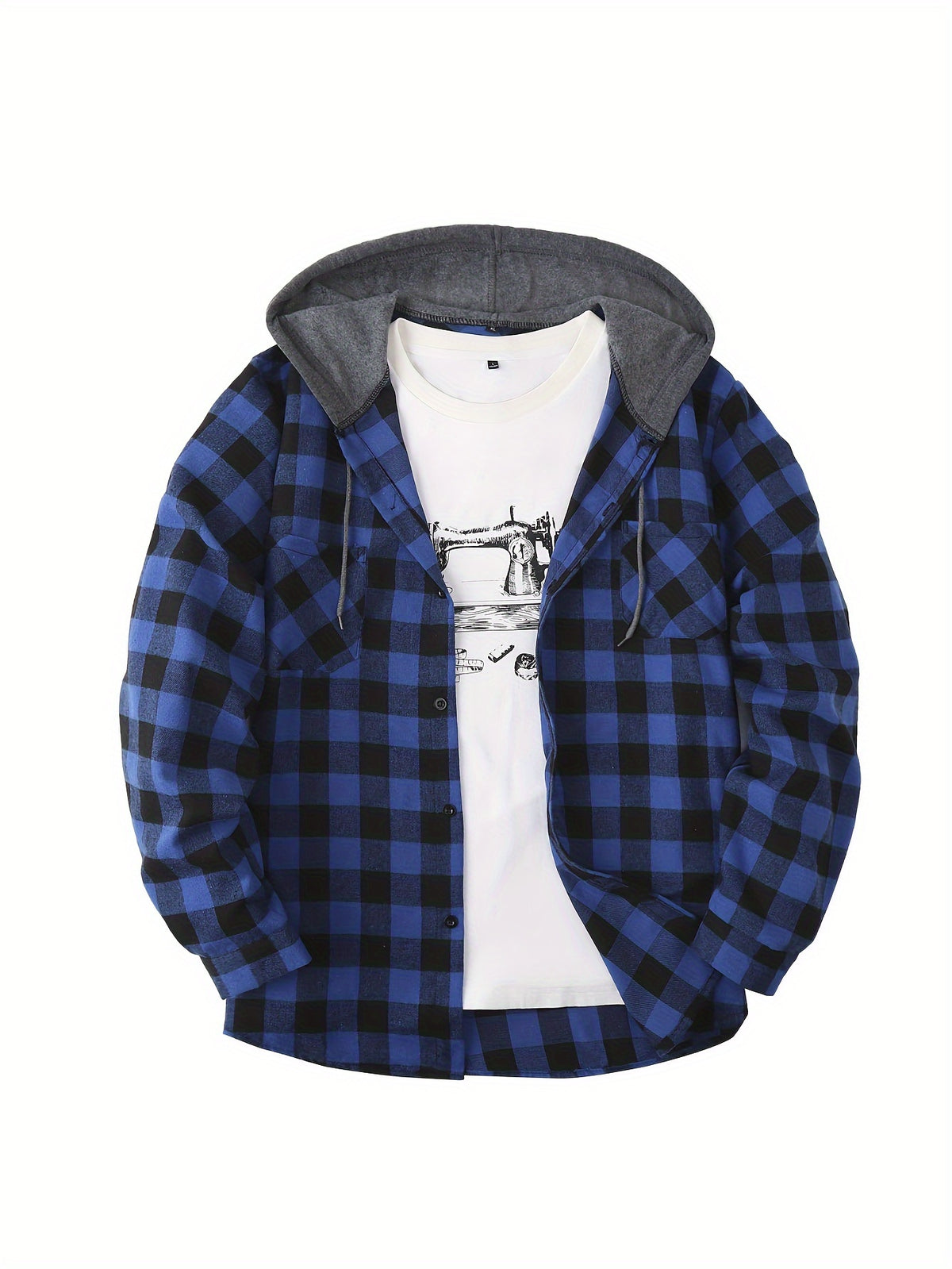 Long Sleeve Casual Regular Fit Button Up Hooded Shirts Jacket, Plaid Shirt Coat For Men