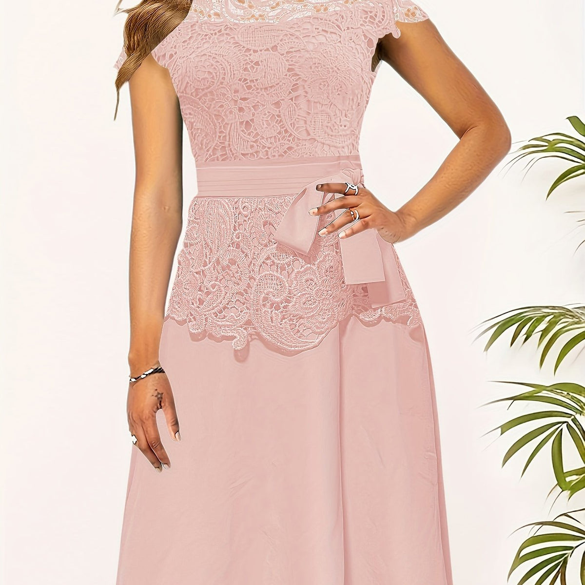 Women's Elegant Contrast Lace Panel A-Line Dress - Round Neck Short Sleeve Flared Skirt, Machine Washable Solid Black for Spring/Fall Casual & Formal Occasions, Spring Fall Attire, Sophisticated Tailoring