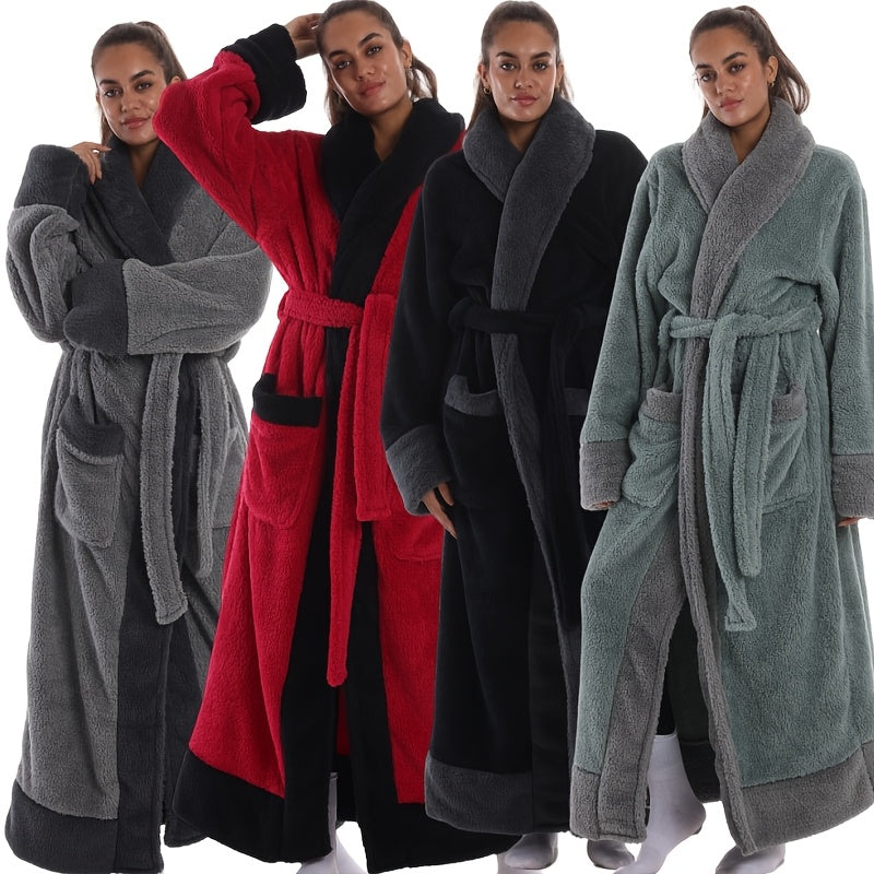 1pc Luxury Bathrobe - Thickened Longrobe with Full Coverage, Plush Coral Fleece (Coral Fleece) - Elegant Robe for Women/Men, Spa, Lounge, Winter Home Wear - Available in Red/Black/Gray - Easy Care Bathrobe, Spalike Attire, Modern Robe