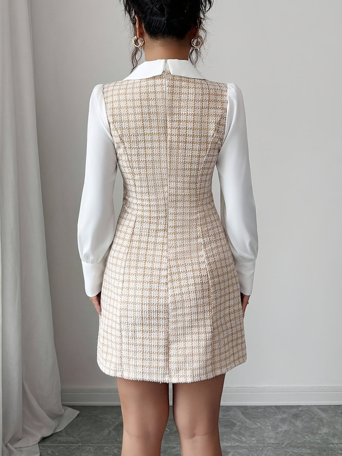 Women's Elegant White Collar Bow Dress - Short Sleeve A-Line with Collar & Waist Tie Belt, Beige & White Contrast Short Sleeve Dress for Office, Semi-Formal Events, Spring/Fall (Machine Washable)