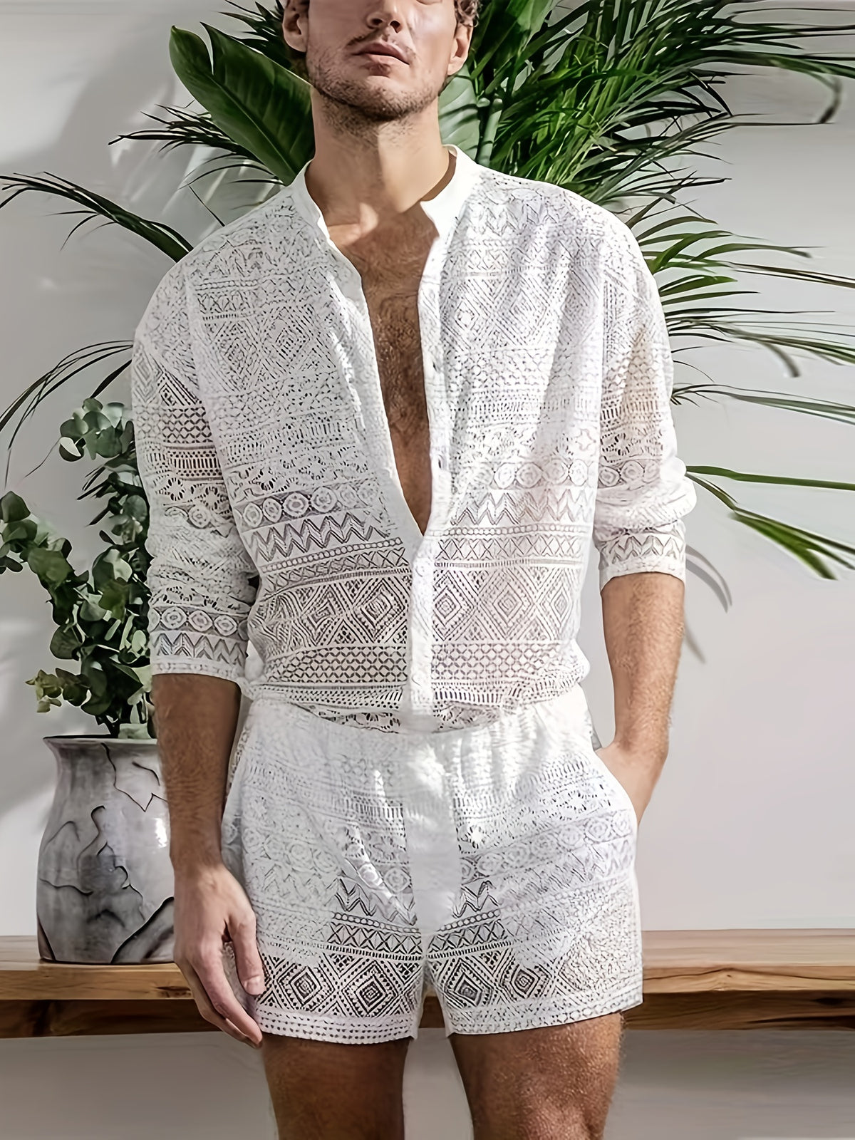 Summer Men'S Lace See-Through Long Shirt And Shorts 2pcs Set Sexy Casual Summer Beach Party Clubwear