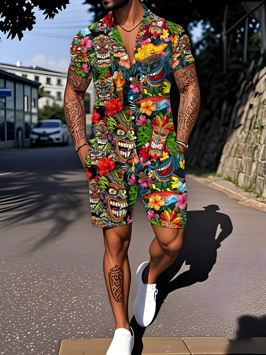 Men's Hawaiian Style Print Loose Cuban Collar Shirt Shorts Casual Suit Men's Short Sleeve Shorts Gourda Set