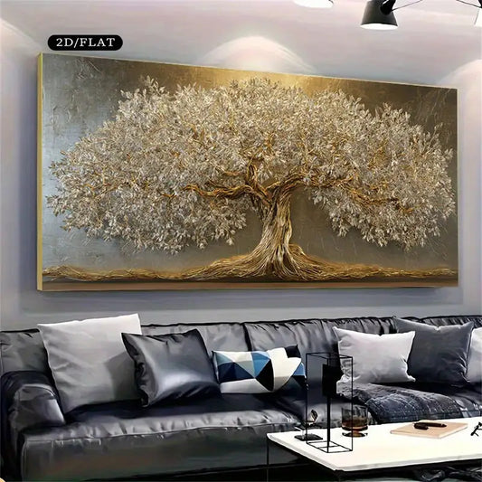 Large Decorative Painting Living Room Wall Art Large Size Canvas Print - Elegant Golden Tree with Intricate Branch Detailing and Leaves, Realistic Home Decor, Suitable for Living Room Bedroom, High-Quality Canvas, Perfect for Modern Interior Spaces