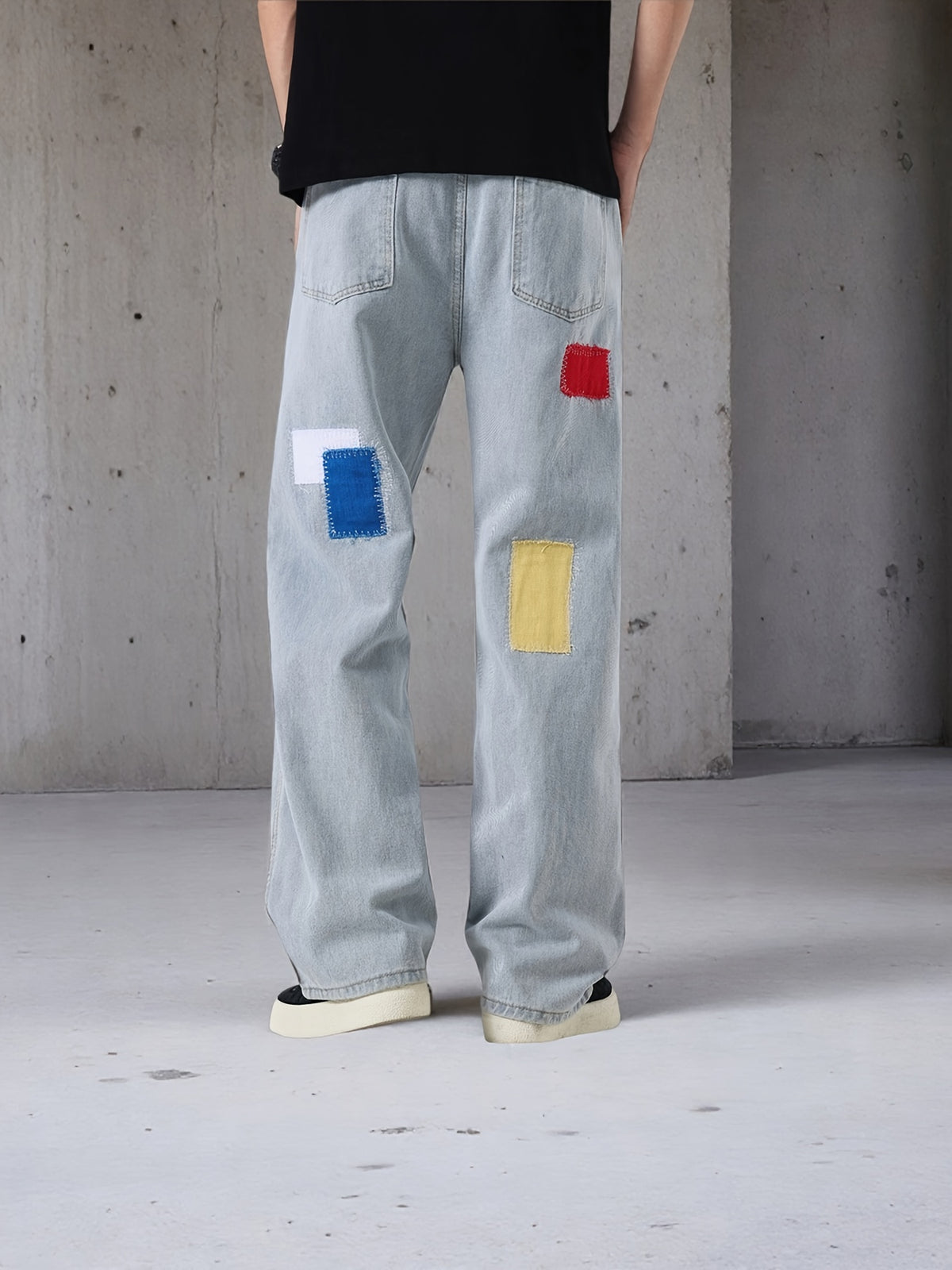 Men'S Casual Loose Fit Street Style Multi-Color Patchwork Non-Stretch Denim Fabric Elastic Waist Drawstring Light Blue Jeans for All Seasons