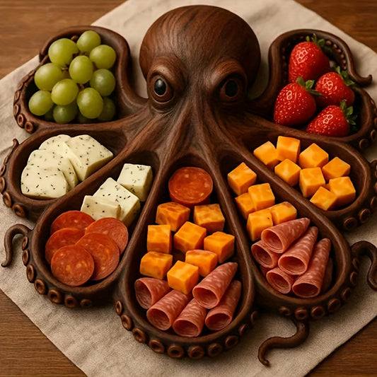 1pc Octopus-Shaped Solid Wood Serving Tray - Oceanic Design with Tentacle Details, Natural Wood Grain for Seafood, Cheese & Appetizers - Elegant Kitchen & Dining Decor, Durable High-Quality Wood, Seafood Presentation, Unique Kitchenware, Artistic Craftsm