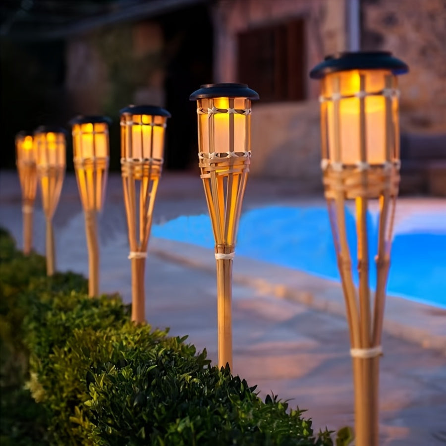 Solar-Powered 12 LED Bamboo Flame Lantern - Outdoor Solar Garden Light with Realistic Flames, Ideal for Pathways, Lawns, and Parks, Outdoor Lighting|Flame Design Lantern|Solar Charged Battery, Solar Lights