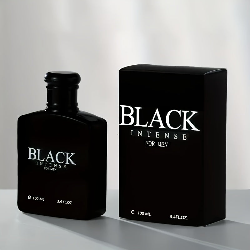 Black Intense Men's Perfume, 3.4oz. (100ml). The bottle is crafted from obsidian-like porcelain, featuring mango and sandalwood notes with long-lasting fragrance, perfect for men to showcase their personal charm.