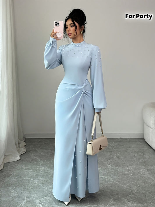 Women'S Fashion Elegant High-End Direction Stand Collar Twist Knot High Slit Long Dress Elegant Evening Party Dress Light Blue Rhinestone Long Sleeve Dress Women'S Elegant Casual Dress, Party Dress, Evening Party Dress, Long Dance Dress, Dresses