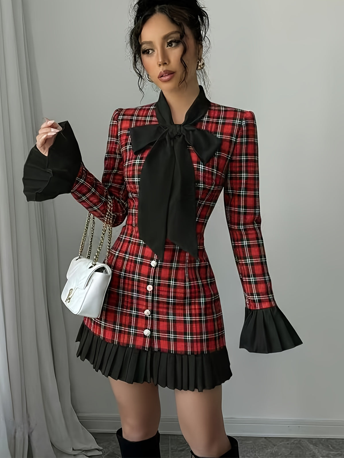 Women's Short Plaid Tartan Dress with Bow Tie Collar & Puffed Sleeves - Red/Black/White Scottish-Inspired A-Line, Machine Washable Winter Party Wedding Guest Dress (No Dry Clean)