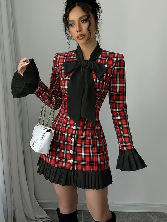 Women's Short Plaid Tartan Dress with Bow Tie Collar & Puffed Sleeves - Red/Black/White Scottish-Inspired A-Line, Machine Washable Winter Party Wedding Guest Dress (No Dry Clean)