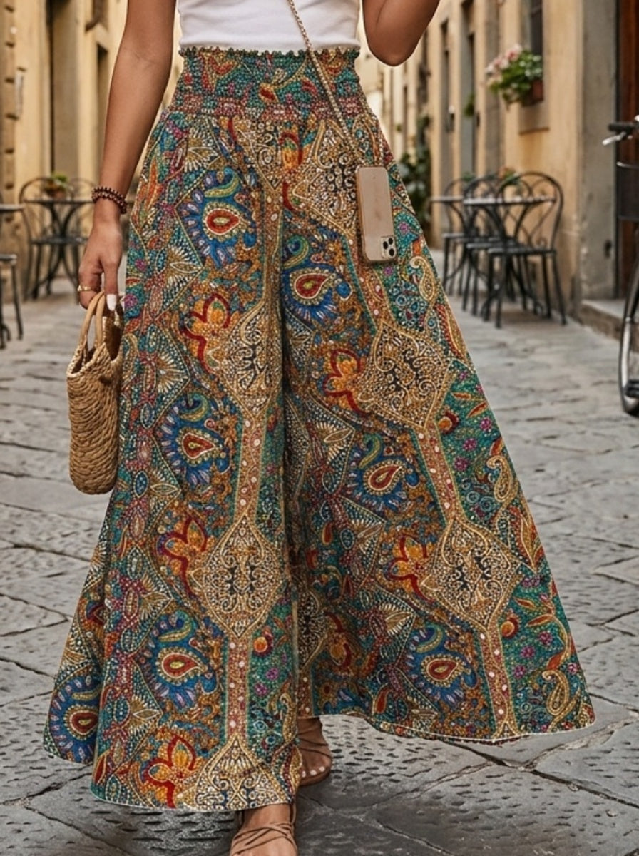 Women's Paisley Print High-Waist Wide-Leg Holiday Straight-Leg Pants
