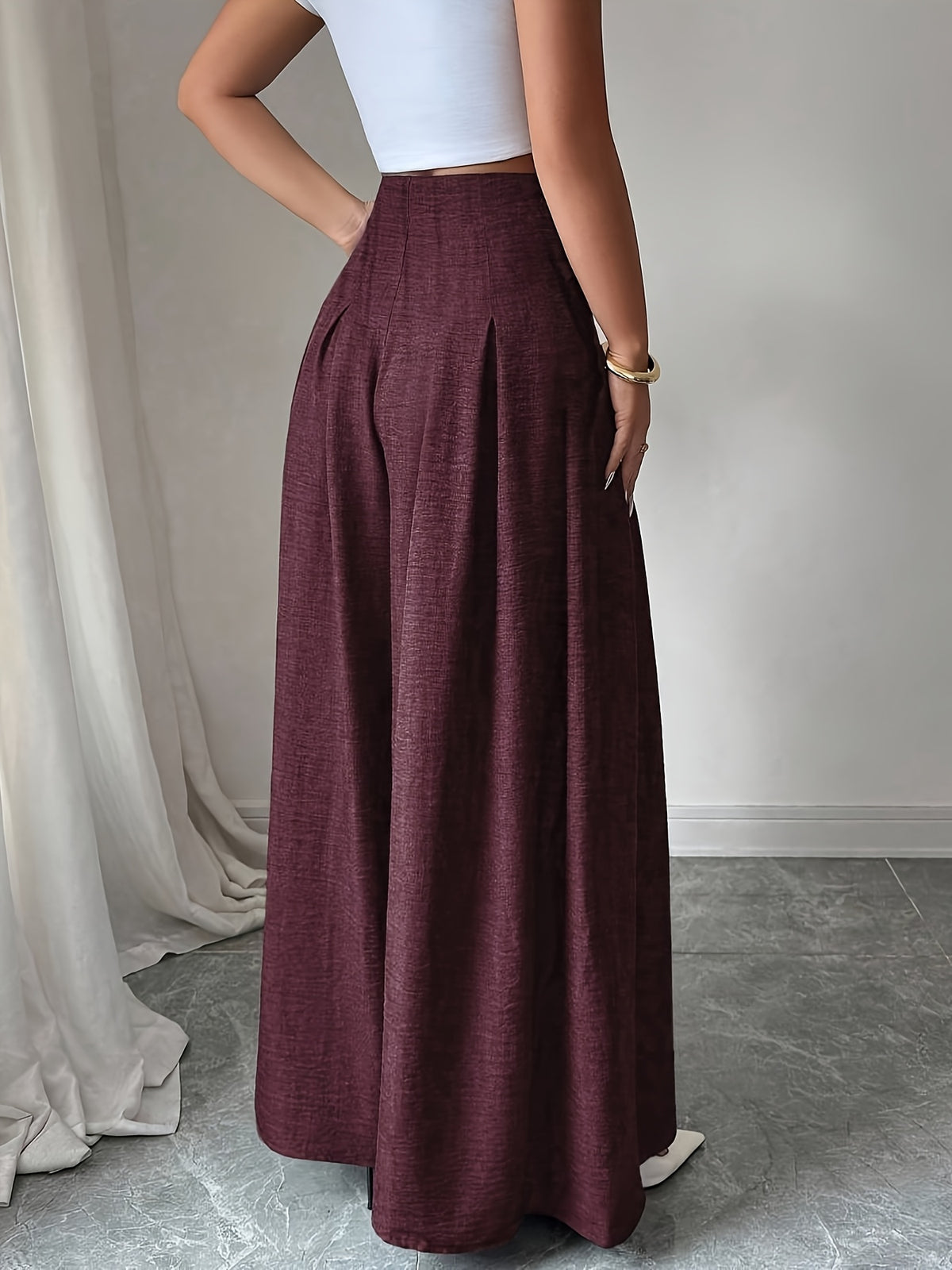 Women'S Fashion Loose Solid Color Button-Front Pleated Back Invisible Zipper Wide-Leg Pants (No Pockets)
