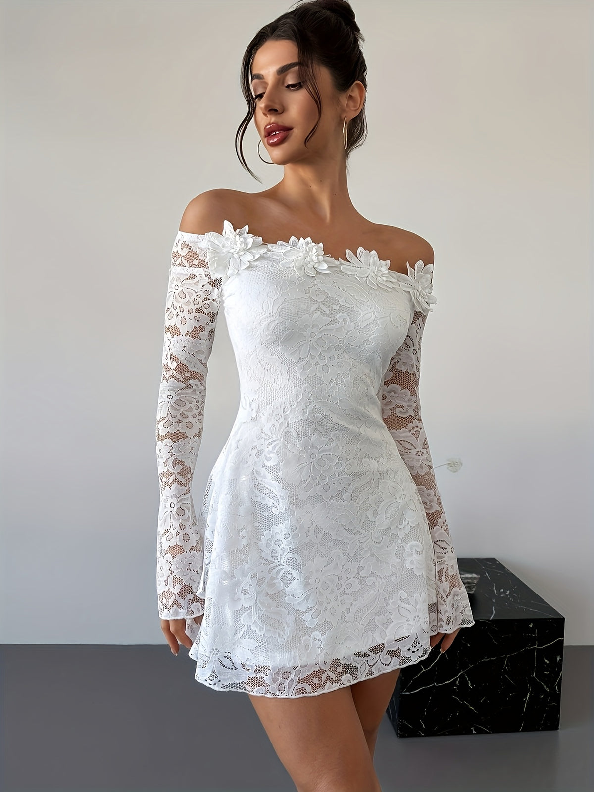 Elegant Off-Shoulder Lace Dress for Women - Long Sleeve, Ruched Detail, A-Line Knee-Length Spring/Summer Dress, White Floral Lace Design, Perfect for Casual or Formal Occasions, Lace Dress