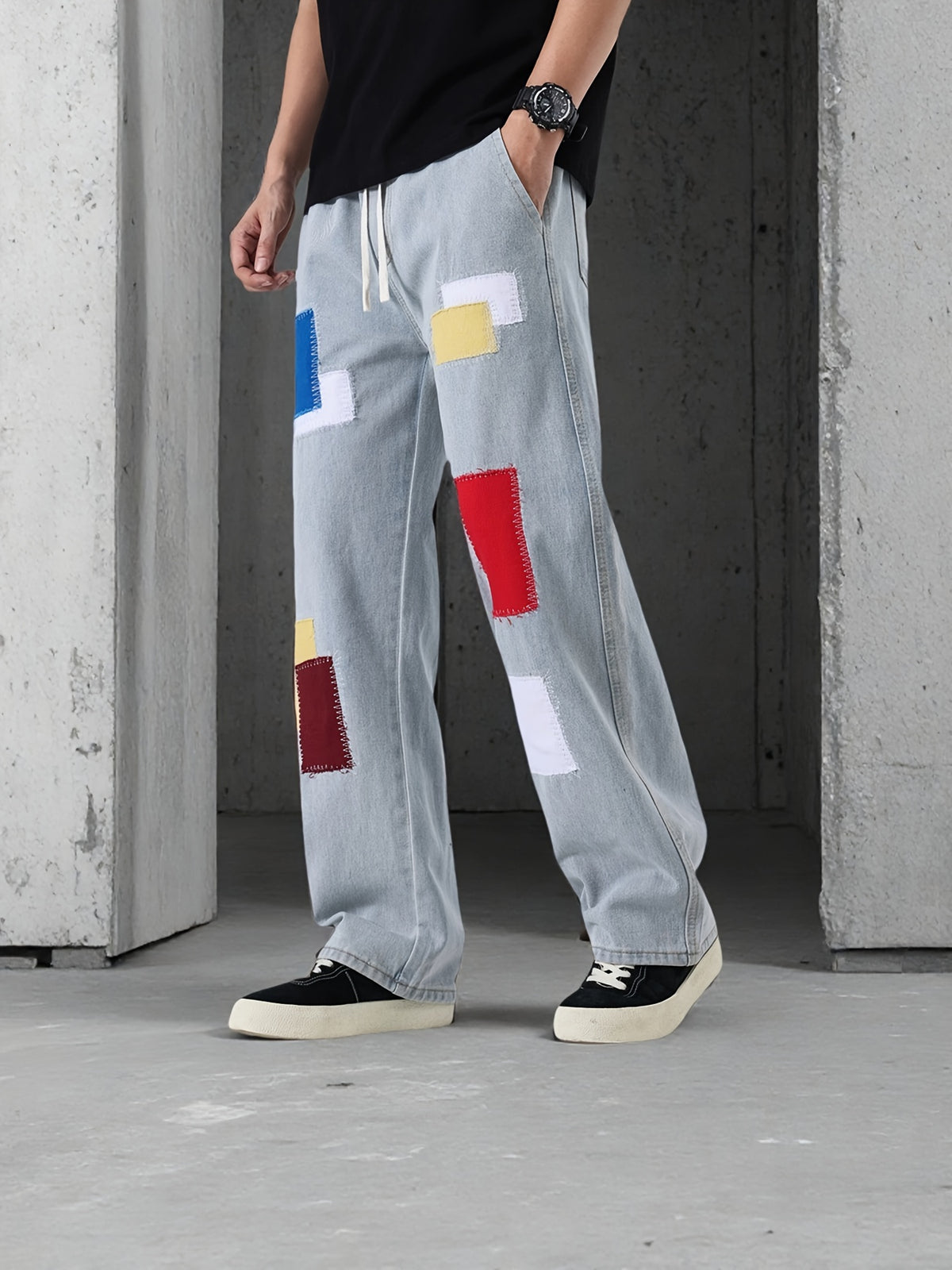 Men'S Casual Loose Fit Street Style Multi-Color Patchwork Non-Stretch Denim Fabric Elastic Waist Drawstring Light Blue Jeans for All Seasons