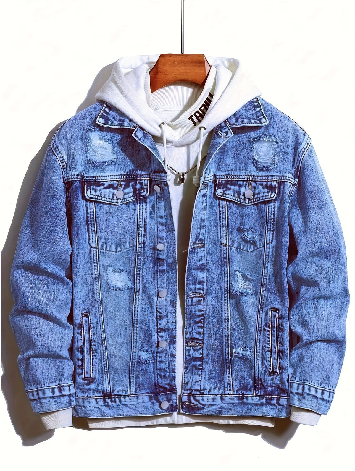 1pc Men'S Lightweight Faux Denim Jacket - Casual Street Style with " Everything Will Be Just Right from Now" Print, Regular Fit, Non-Stretch Fabric, Casual Outerwear | Street Style Jacket | Functional Pockets, Faux Denim Jacket Men, Casaca Jean Hombre