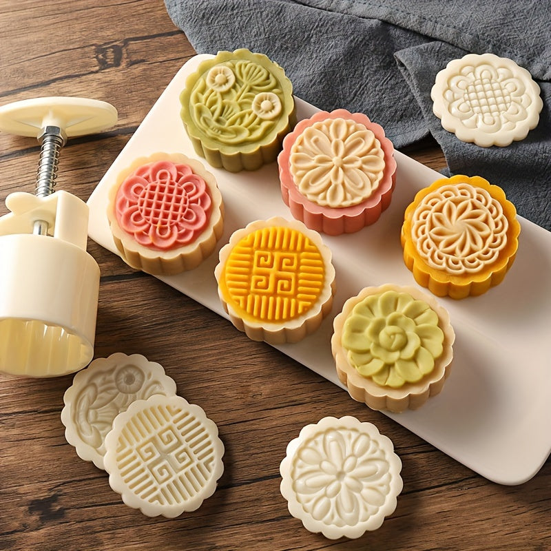A Set of Flower-Printed Mooncake Molds with 6 Stamps, Manual Pressing Cookie Stamps, Mooncake Maker, Mid-Autumn Festival Baking Tools, Kitchen, Cookie Stamps For Baking