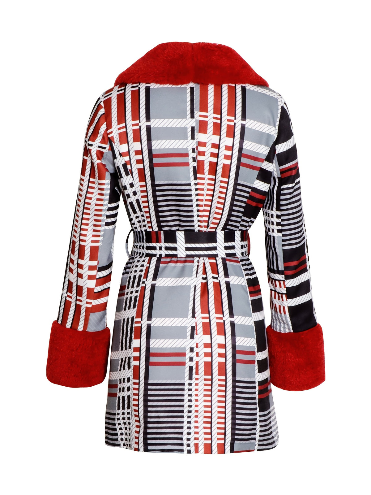Women'S Belted Plaid Trench Coat with Faux Fur Collar, Polyester Spandex Blend, Casual Long Jacket, Woven Printed Pattern, for All-Season Outerwear
