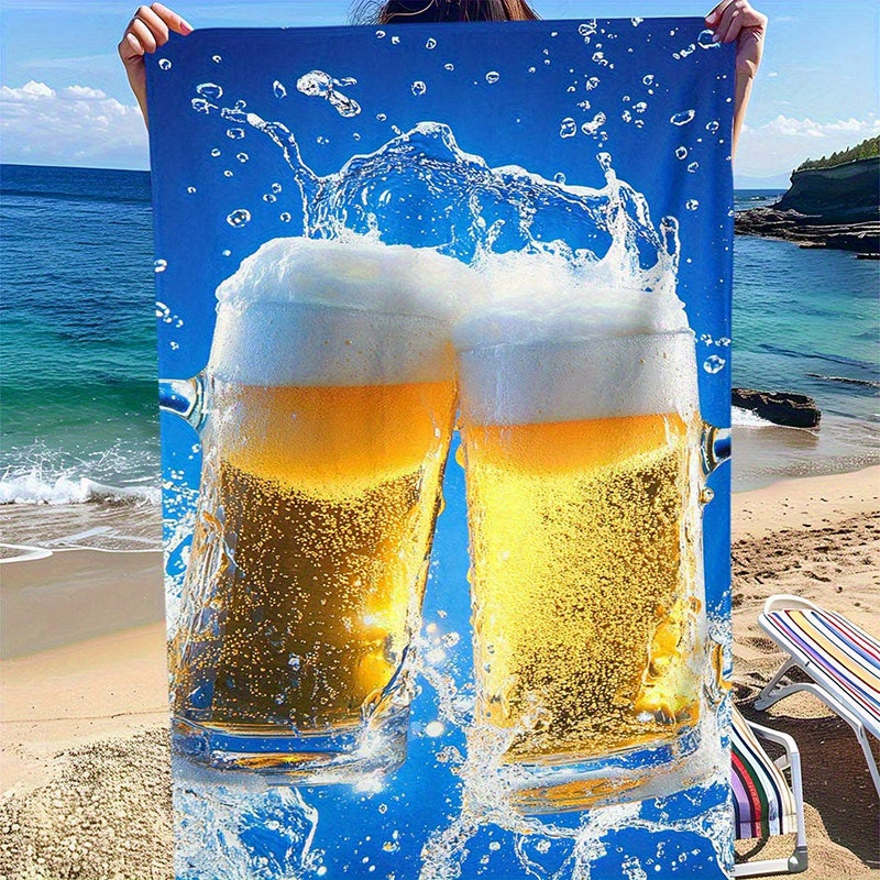 1pc Funny Beer Mug Beach Towel - Quick-Dry Microfiber Swimming Pool & Camping Towel, Lightweight Bath Mat for Adults, Yoga, Travel - Machine Washable with Beer Splash Design - Perfect Gift for Beer Lovers, Beer Gifts, Yoga Blanket, Playful Pattern, Durab