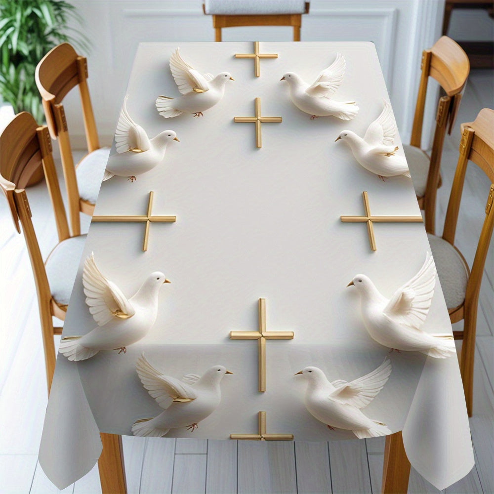 Elegant Baptism Day Table Cover - 1pc, Machine Washable Polyester, Rectangular with Angel & Cross Design, White Fabric with Golden Accents for Home, Kitchen, Dining Room, and Holiday Parties