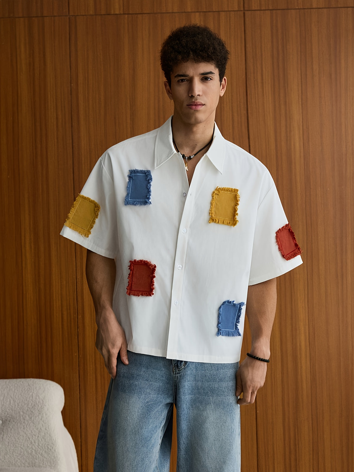 Men'S Summer Casual Contrast Patchwork Shirt, Lapel Short Sleeve Fashion Shirt