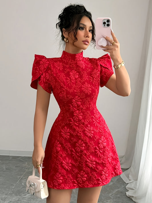 Women's Elegant Formal Party dress - High Neck flared hem, Non-Stretchy fabric for Weddings, Business Events, Evening Outfits - Year-Round Party Attire, Wedding Guest Attire, Nonstretch Fabric
