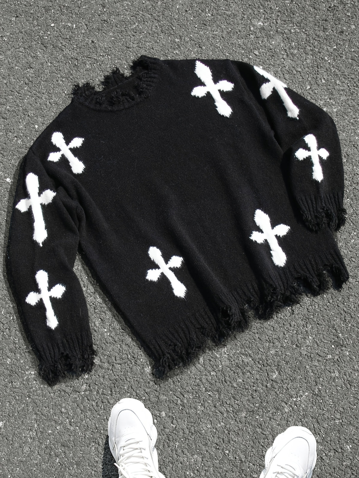 Men's Gothic Style Oversized Knit Sweater with White Cross Cutouts - Black Torn Detailing & Frayed Hem, Loose Fit Round Neck Long Sleeve Winter Pullover for Casual Outfits, Layering Essential (Hand Washable) - Edgy Streetwear Sweater for Men, Relaxed Fit
